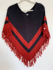 Element Womens Rust/black Stripe Fringed V Neck Knit Poncho One Size