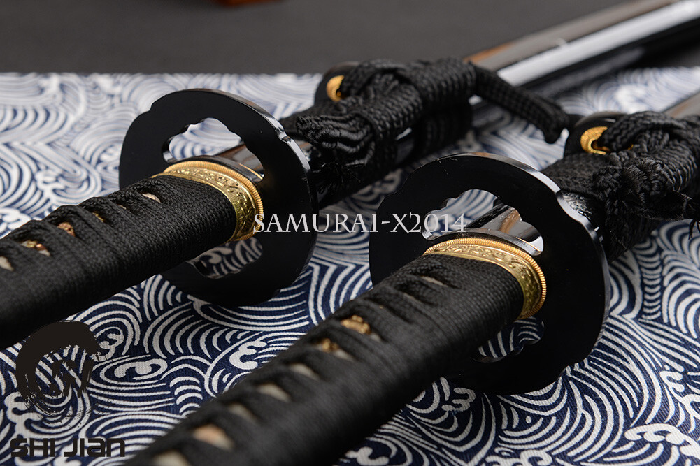 Damascus Folded Steel Japanese Samurai Swords Set Iron Tsuba