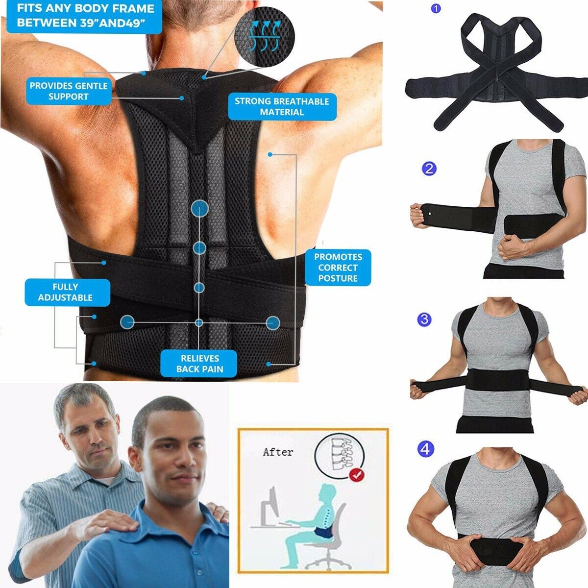 Soporte de Espalda y Columna Lumbar Ajustable Faja Cinturon Corrector de  Postura