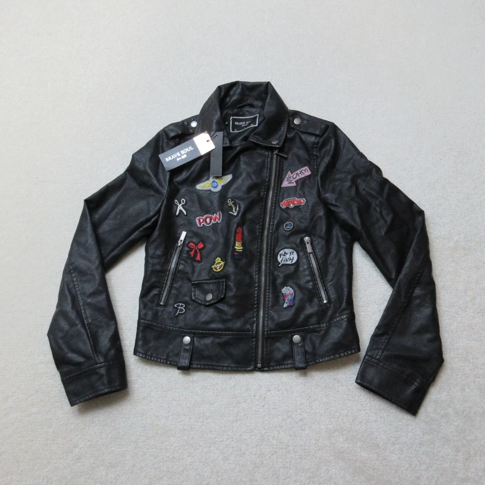 Brave Soul Biker Jacket Womens UK 8 Black Faux Leather Full Zip EU 36 NWT - Image 4 of 4