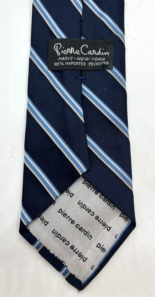 Vintage PIERRE CARDIN Dark Blue Yellow Stripes w/ Logo, Men's Neck Tie - Image 3 of 4
