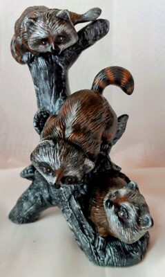 Vintage 1979  Ceramic  Raccoons Playing on Tree Stump  7.5'' H. #R VA#2