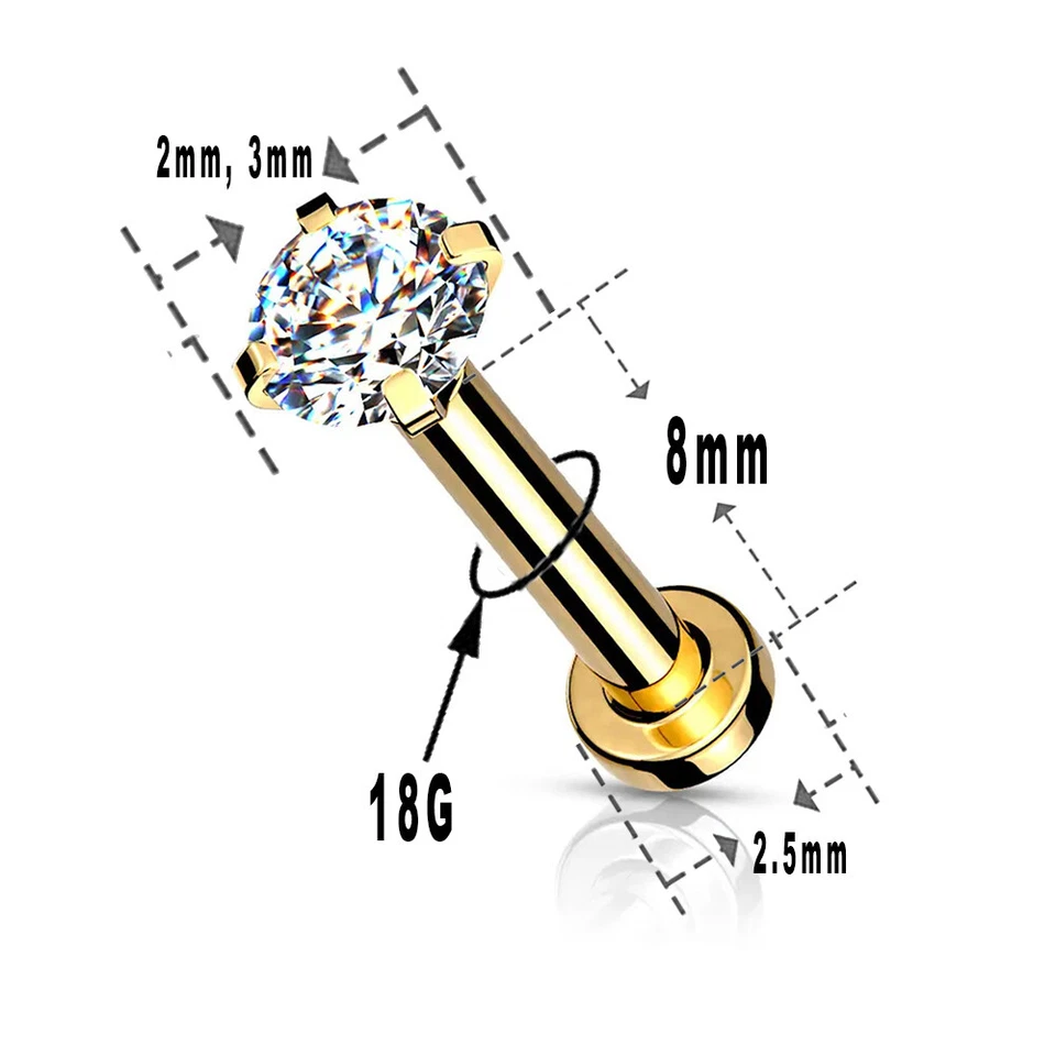 18G Flat Back Labret Nose Studs Surgical Steel Prong Set CZ Gems Jewel Piercings - Image 3 of 4