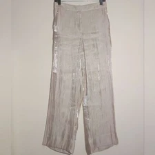 Women's Elegant Shimmering Satin High Waist Wide Leg Pants Light Beige EUC