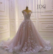 Blush Champagne Beaded Lace Wedding Dress Bridal Gown Custom made Glitter Tulle