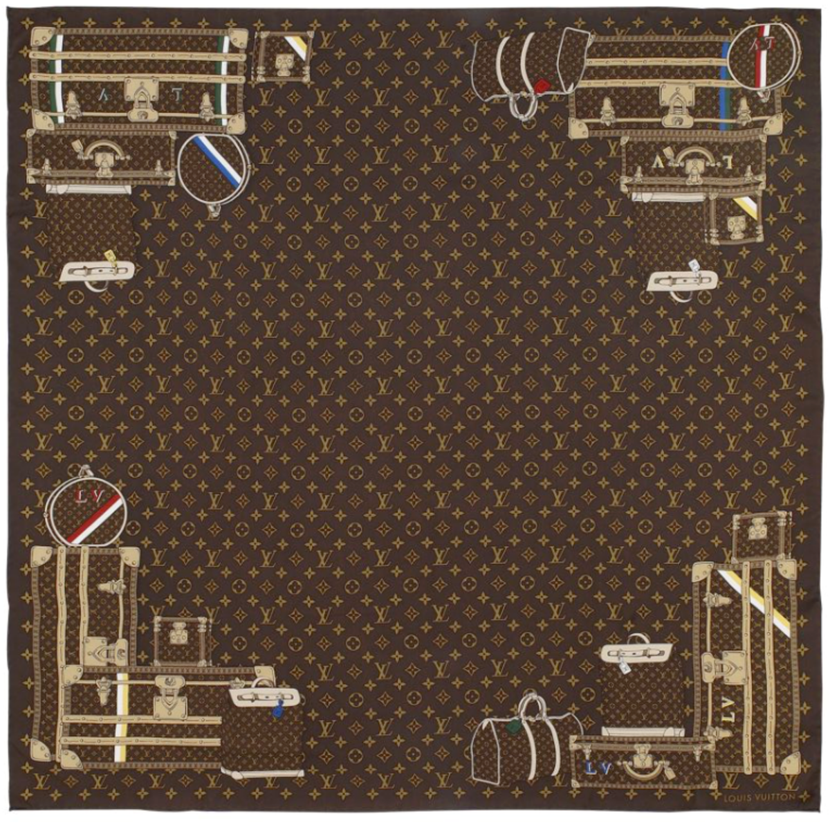 Louis Vuitton Scarf Iconic Monogram Trunks Luggage Brown Silk Wrap