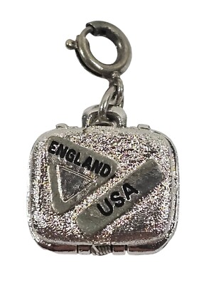 Vintage Travel Suitcase Locket Silvertone Charm England USA Italy France