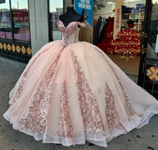 Pink Quinceanera Dresses Off Shoulder Sweet 15 16 Sequins Party Prom Ball Gowns