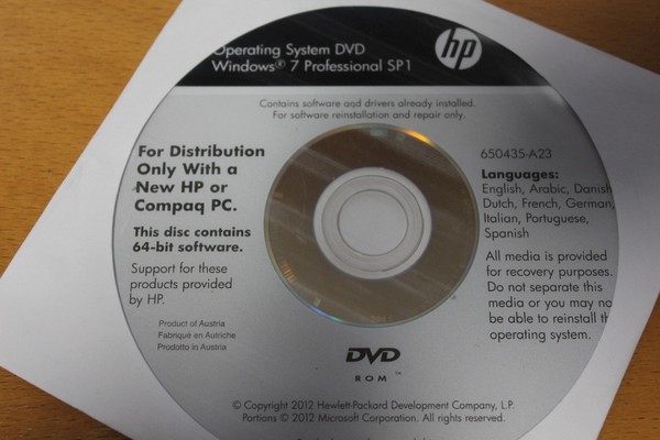 HP Operating System DVD Windows 7 Pro SP1 64-bit Recovery. No incluye licencia