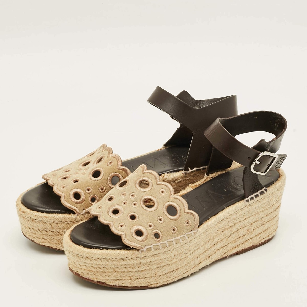 Loewe Size 38 BeigeBrown Leather and Suede Wedge Espadrille Sandals View 2