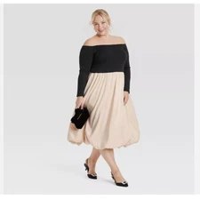 Women's Long Sleeve A-Line Bubble Hem Dress - A New Day - 2X Black/Cream