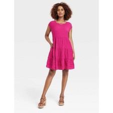 Knox Rose Mini Dress Pink Round Neck Tiered Short Cap Sleeve Sz S Women's