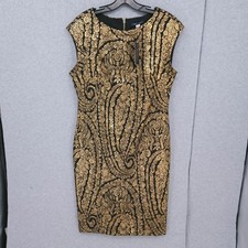 Tommy Hilfiger Foil Printed Cap Sleeve Sheath Gold Dress Womens Size 12 NWT