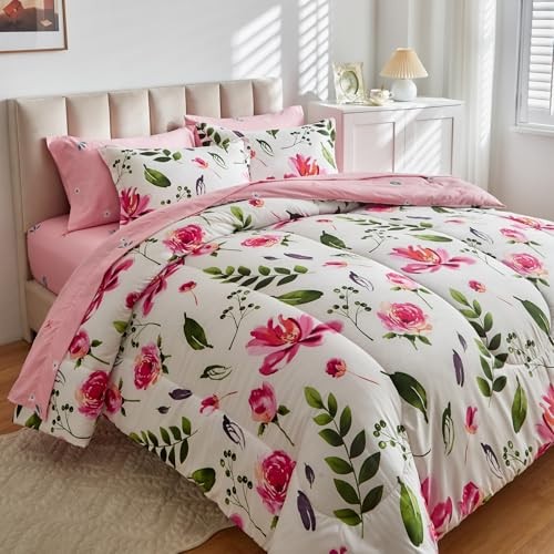 Juego Edredón Floral 7 Piezas Blanco con Hojas Verdes Flores Rosa Cama en un - Imagen 5 de 7