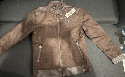F Collections Men's Brown Biker Jacket Stand-Up Collar Zip/Snap Logo Size S