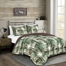 MarCielo 3-Pcs Rustic Cabin Bear Bedspread Quilt Set Green,Queen 100 poly...