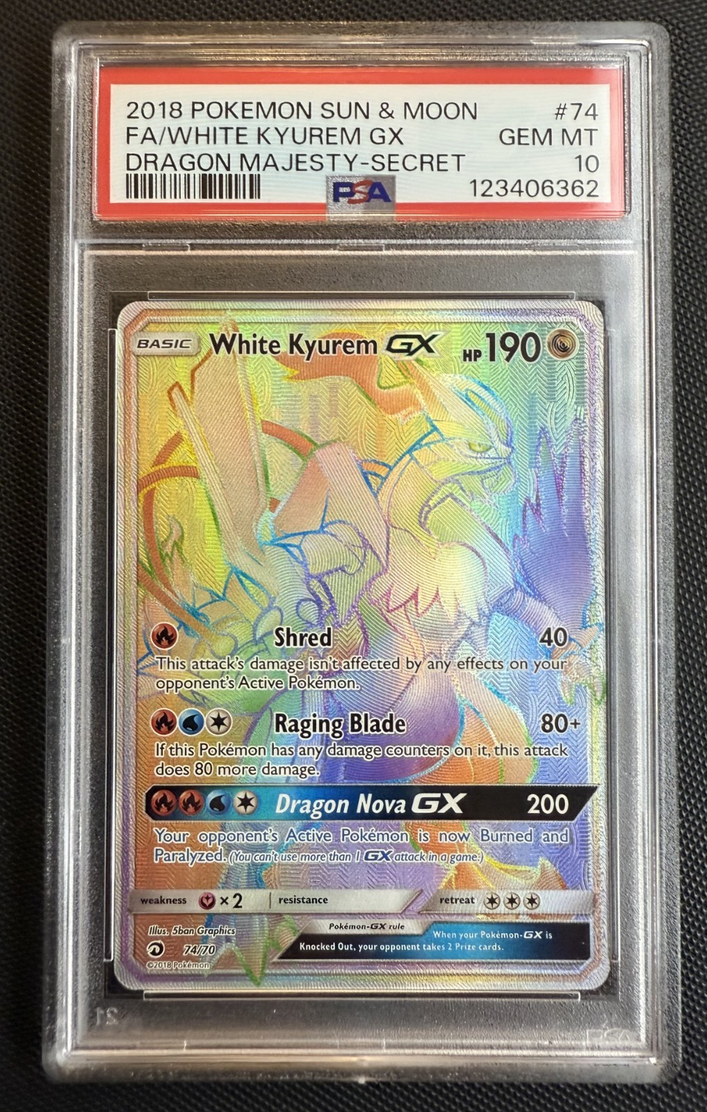PSA 10 WHITE KYUREM GX 74 SECRET DRAGON MAJESTY SUN MOON POKEMON