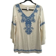 Flying Tomato Embroidered Bell Sleeve Bohemian Ivory Blue Dress Small Festival