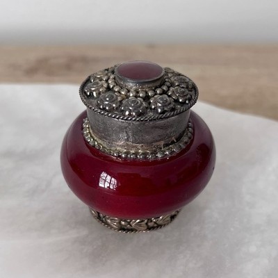 Two s Company Jewelry Trinket Pill Box Decorated Silver Plated Red Glass 2  T