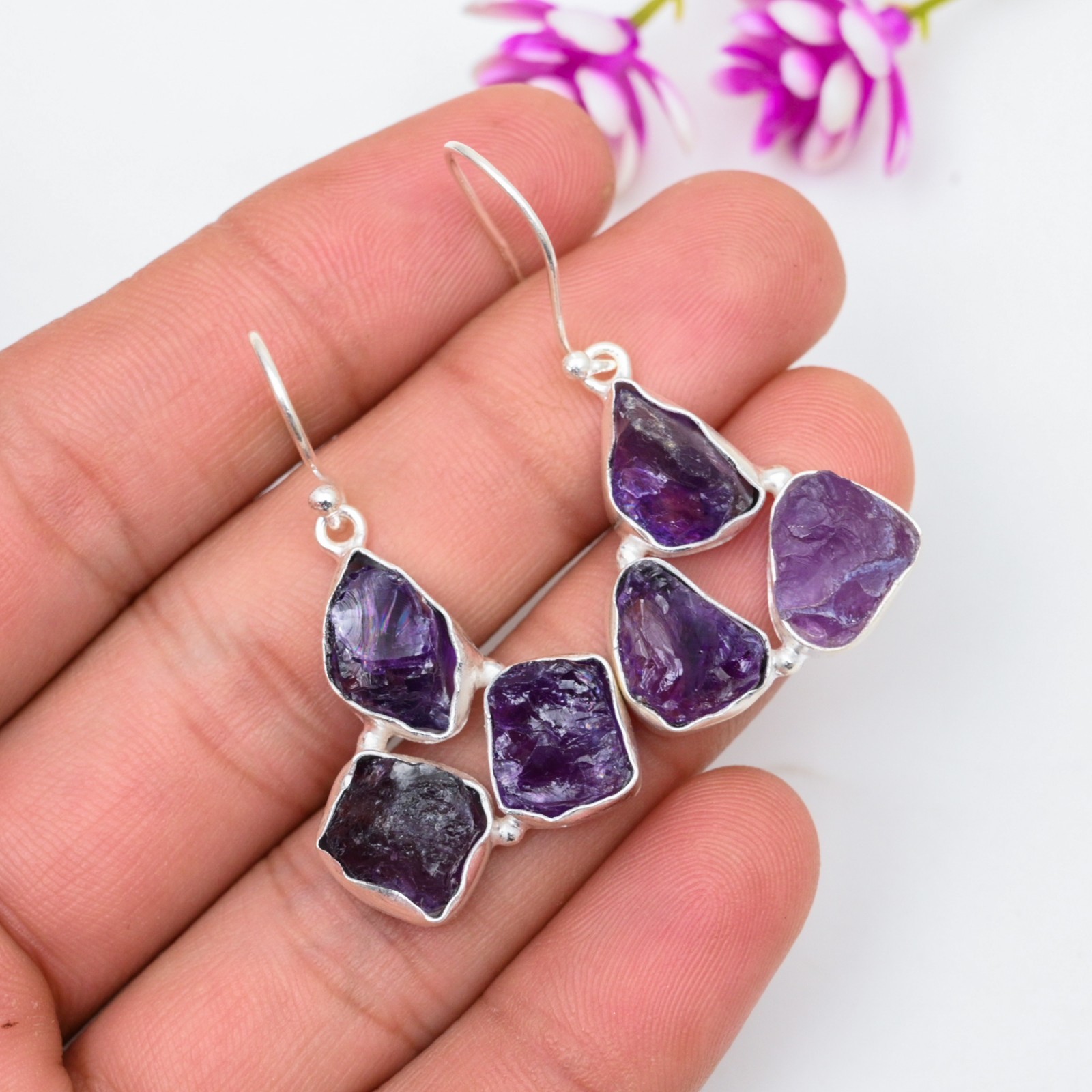 Natural Raw Amethyst Gemstone Handmade 925 Sterling Silver Jewelry Earring Gift