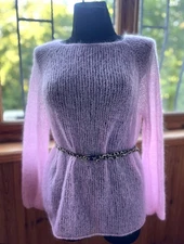 Women Jumper Pink Fuzzy Kid Mohair Transparent Mesh Sweater Hand Knit One Size