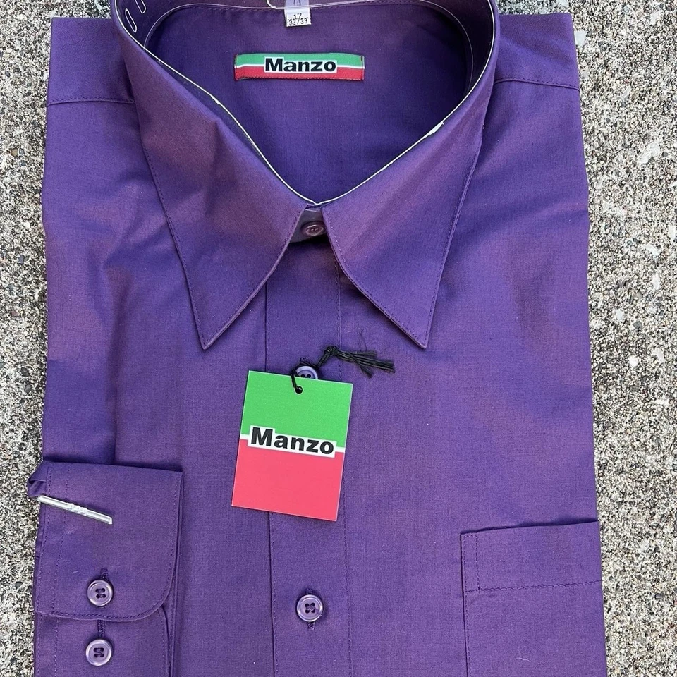 Camisas de vestir Manzo 2 manga larga abotonadas en rojo y morado. Talla 17 32/33 Nuevo con etiquetas Foto 3 de 4