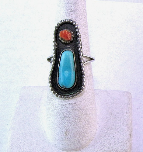 Old Pawn Ring Turquoise Coral Vintage Sterling Silver Size 6 Band Southwestern - Picture 2 of 5