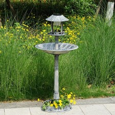Grey Plastic Pedestal Bird Bath Garden Feeder Flower Planter With Solar Light