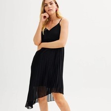 Nine West Black Pleated Asymmetrical Hem Midi Dress Size M FAIRY cocktail party