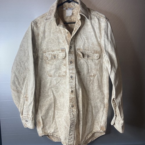 VTG Carhartt Rugged Wear Denim Shirt Mens Tan Long-Sleeve Work USA MADE Size L? - Picture 1 of 7