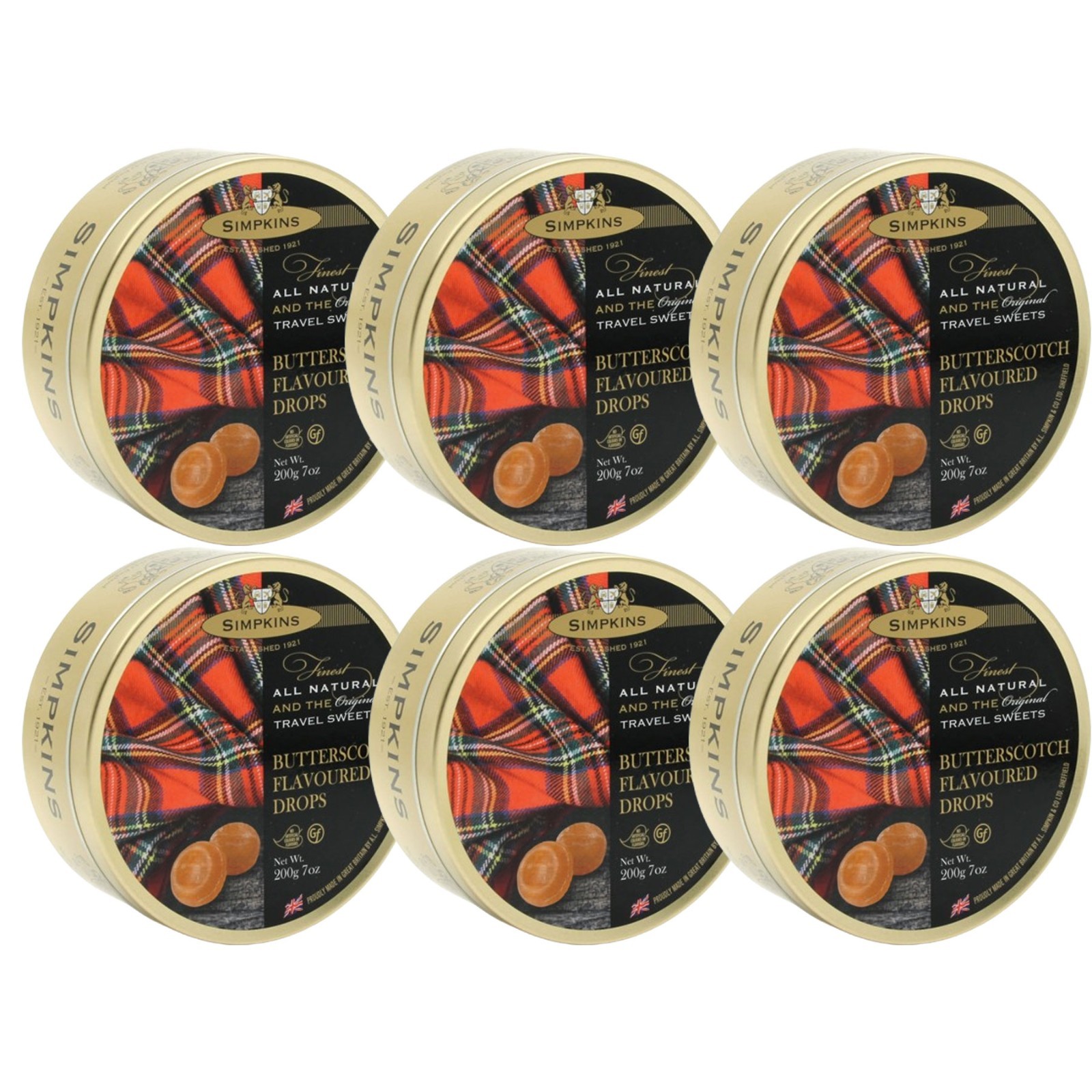 Simpkins Butterscotch Flavoured Travel Sweets 200g Tin PACK OF 6