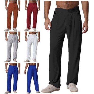 Men Dancewear Ballroom Trousers High Waist Pants Pockets Modern Tango Dance
