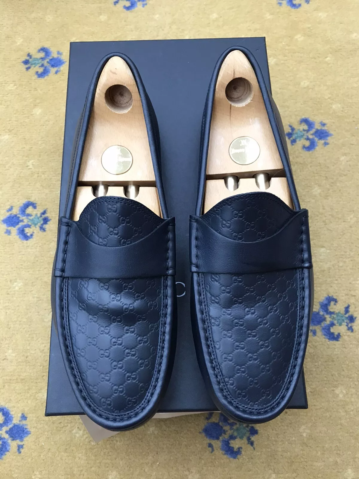 Mocassins Gucci chaussures en cuir monogramme G en relief bleu conducteur homme UK 8 US 9 42