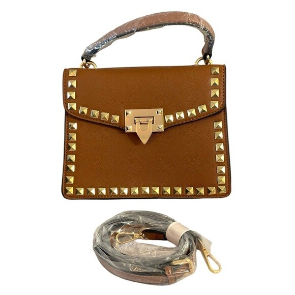 VENUS Designer Crossbody Bag in Beige Brown Leather with Gold Studs