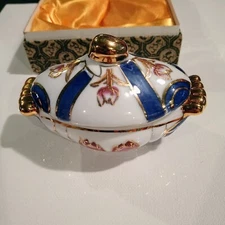 VTG Mini Trinket Dish w/ Lid Bone China From Valencia Spain Gold Detailed