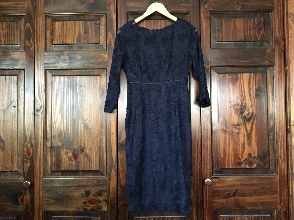 Metisu Navy Blue Floral Lace Boatneck Sheath 3 4 Sleeve Dress Size