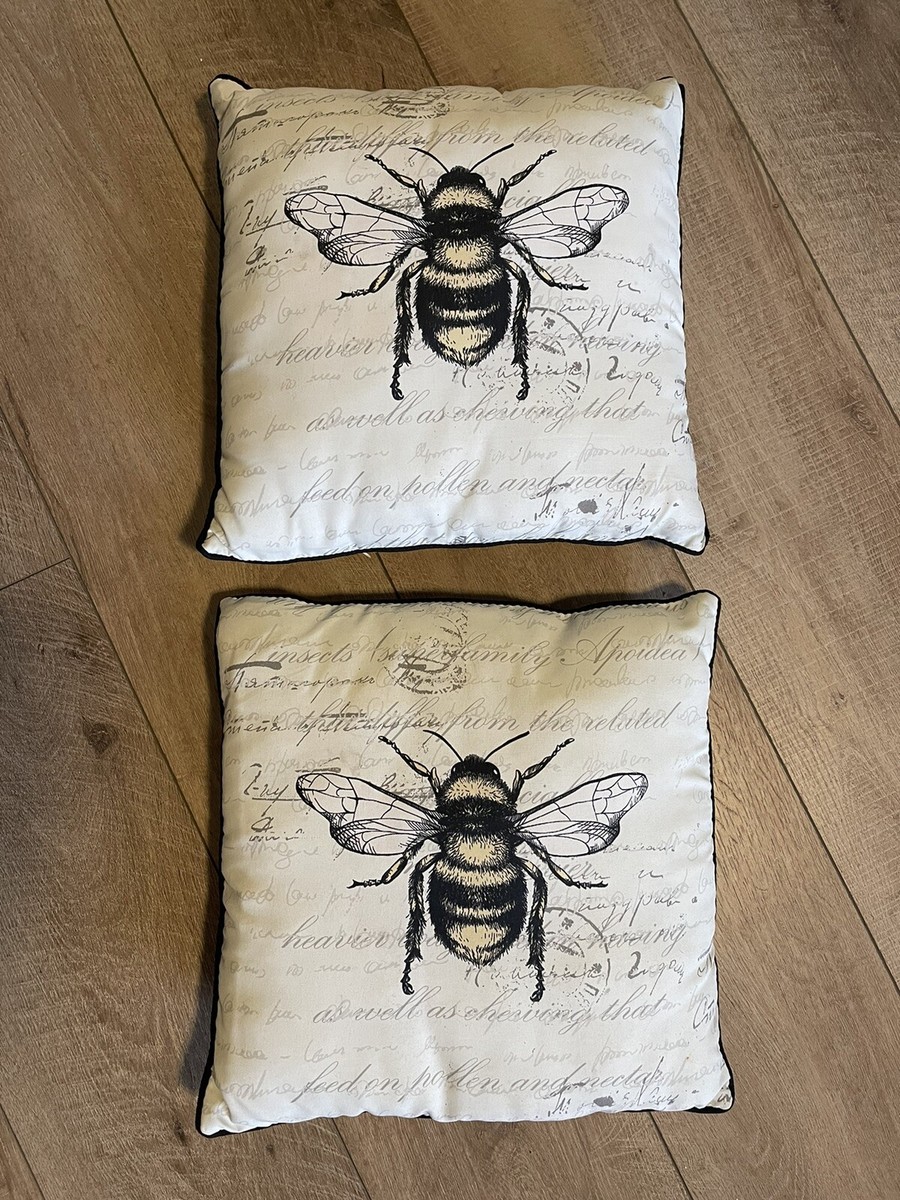 Pair Of Queen Bee Pillows Outdoor Indoor Letter Script Grey Yellow 15”x 15”