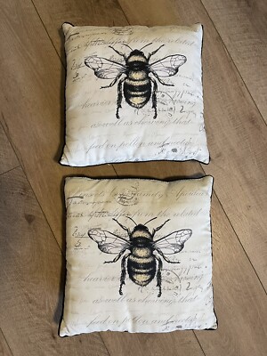 Pair Of Queen Bee Pillows Outdoor Indoor Letter Script Grey Yellow  15 x 15 