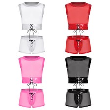 Mens Mesh Sheer Tank Tops Costumes Leather Rave Outfits 2Pcs with Boxer Shorts