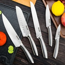 hecef Premium Kitchen Knife Set of 5 German Steel Satin Finish Extra Sharp Blade