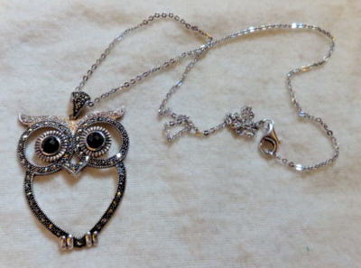 Lavish by TJM Sterling Silver Onyx Swarovski Crystal Owl Pendant