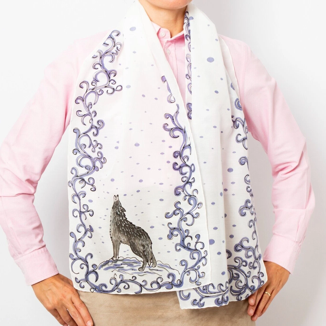 Hand Painted Scarf Wolf Print White Silk Cotton Scarf Wolf Gifts Galaxy Print