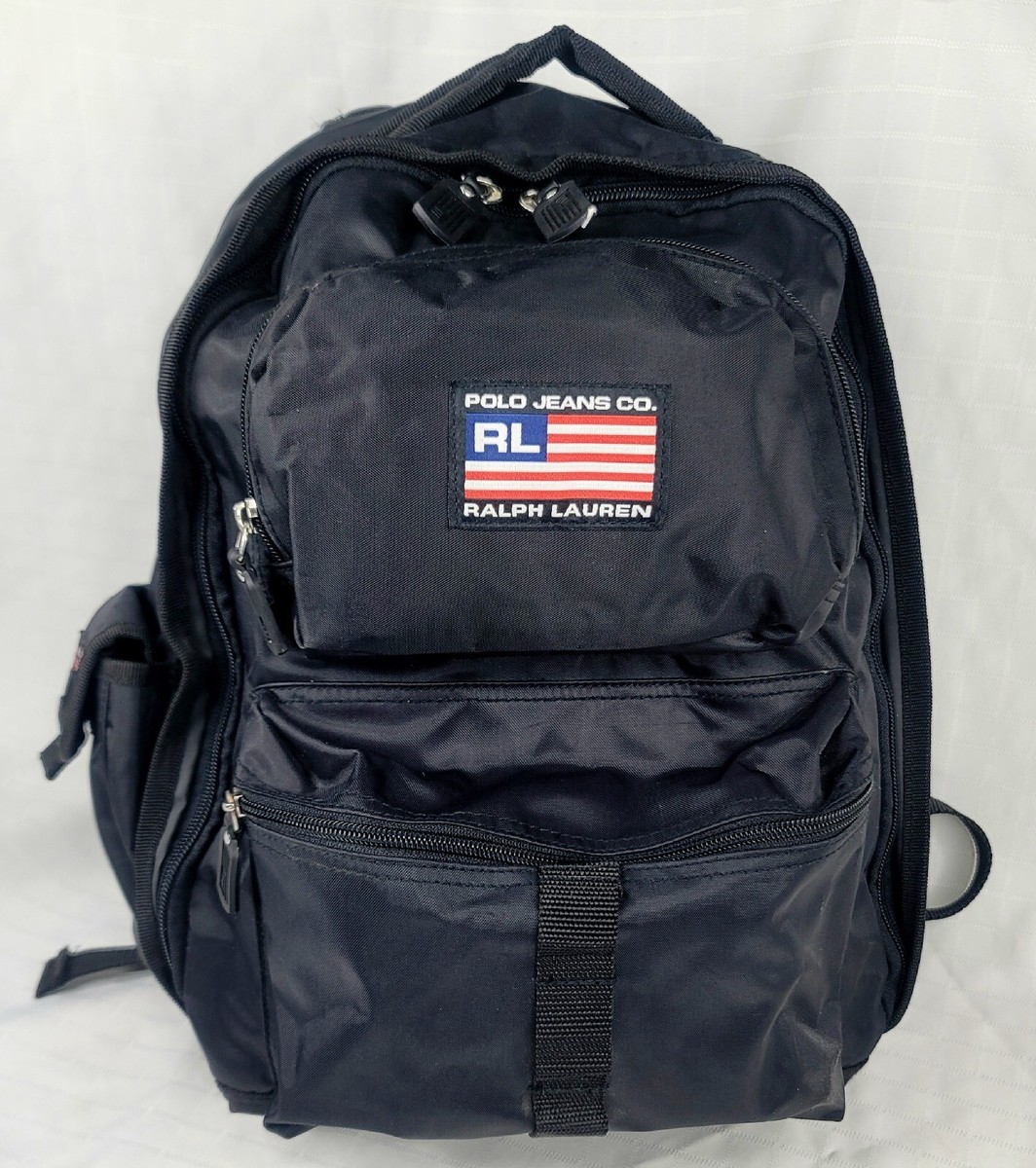 Ralph Lauren Black Backpack Vtg 90s Polo Jeans Pockets School Gym