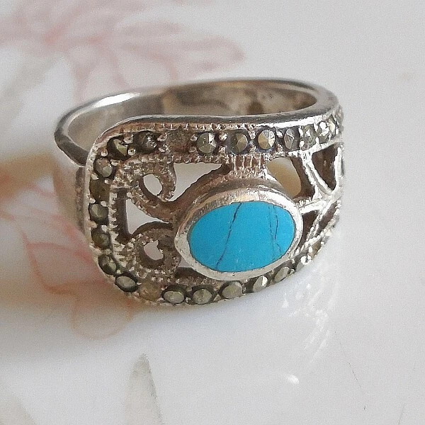 Bague Ancienne Argent 925 Avec Pierre Turquoise Taille 54 - Occasion