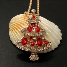 New Bling Red Crystal Enamel Christmas Tree Fashion Lady Women Sweater Necklace
