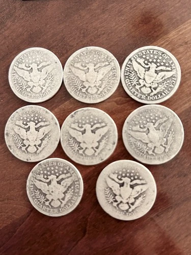 Lot of 8 Barber Quarters Dated 1897-1908 Silver Circulated