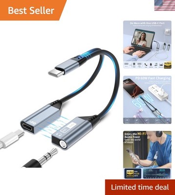 2-in-1 USB C Headphone Jack Adapter with PD 60W Fast Charge - Durable & Compact
