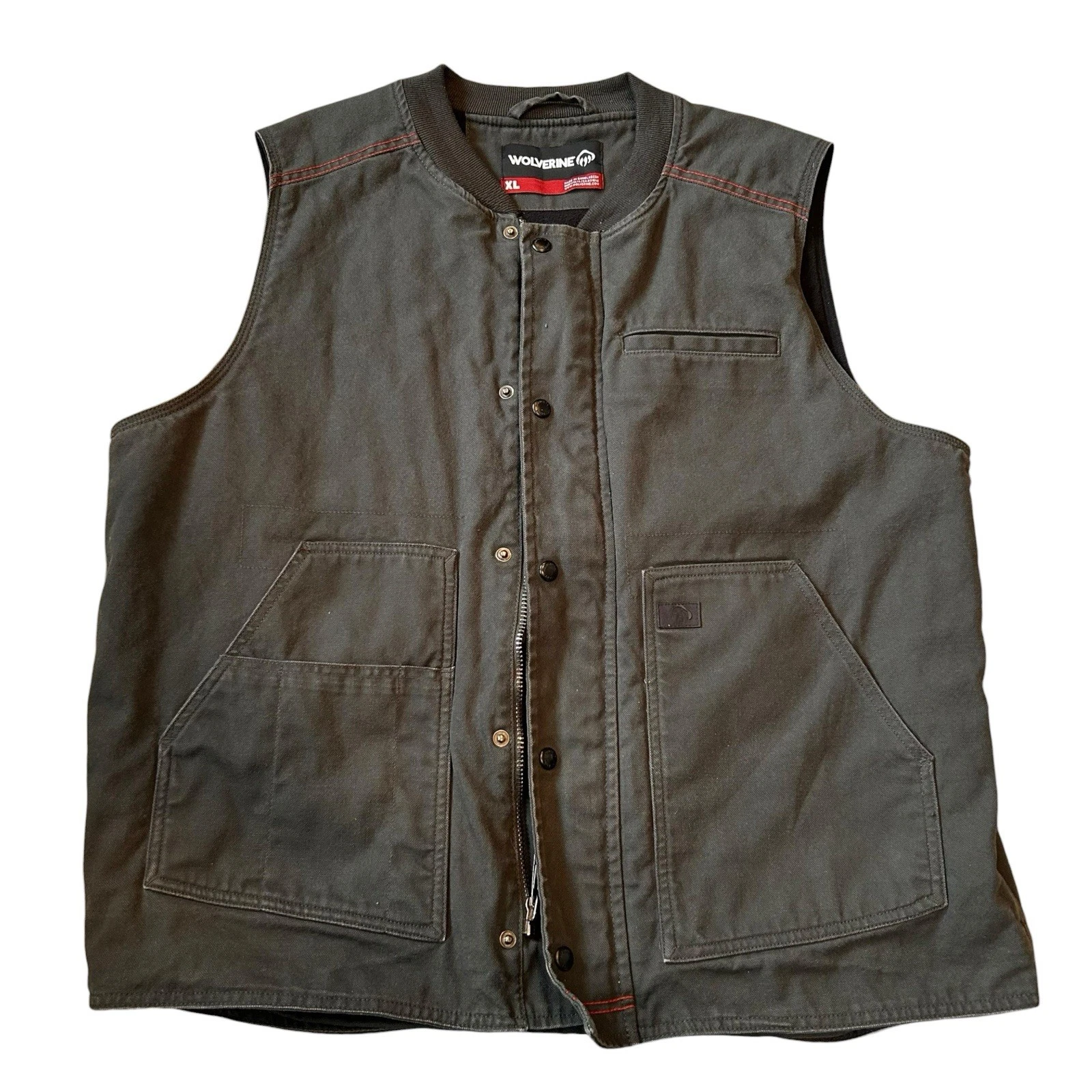 Wolverine Olive Canvas Work Vest Snap Front Patch Pockets Men's XL