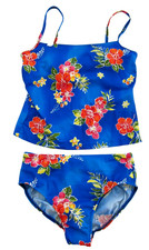 Vintage Lands' End Blue Pink Yellow Tropical Floral Two Piece Swimsuit Women 10