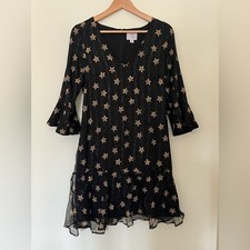 Vintage Y2K 100% Silk Black Dress Gold Star Bell Sleeve Romantic Chiffon S
